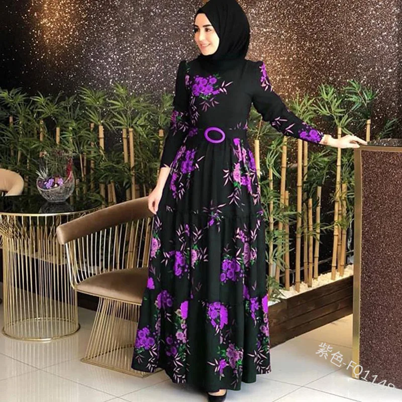 WEPBEL Women Muslim Dress Abaya Islamic Full Sleeve Floral Flower Ruffles Casual Fashion Autumn Ladies Long Maxi Dresses