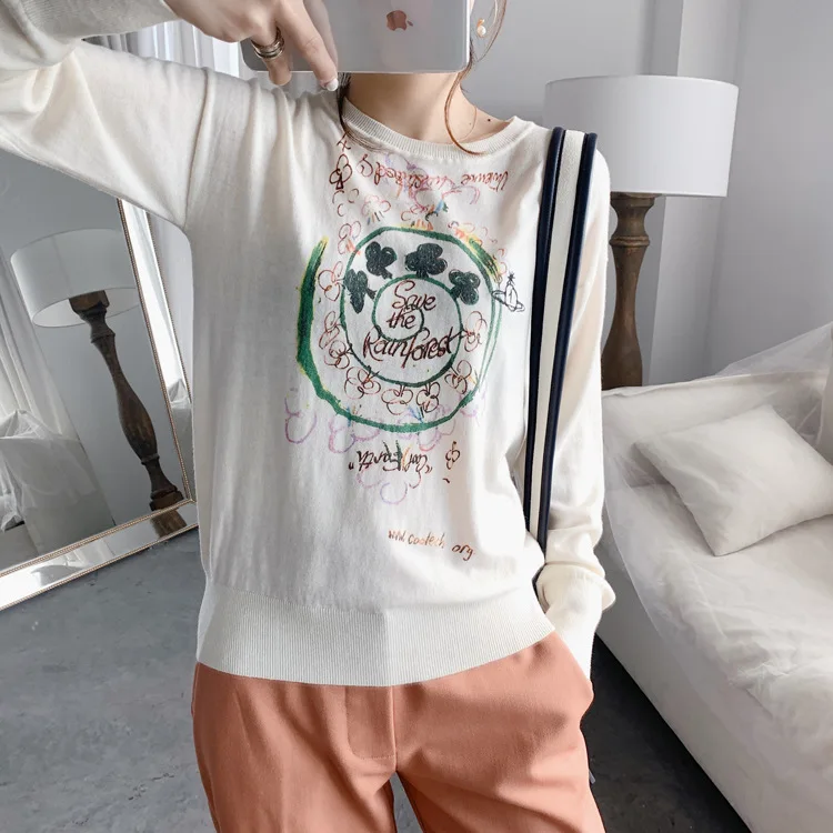 

Women Sweater Printed Knitwear Letter Print Long Sleeve Turtleneck O neck sweater