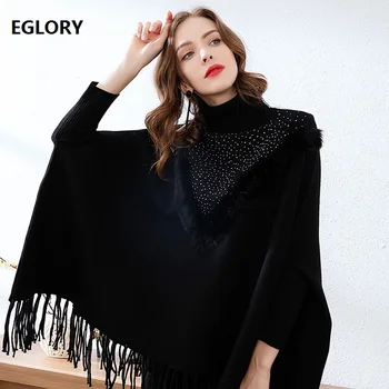 

Turtleneck Sweaters 2019 Autumn Winter Casual Pullovers Women Beading Rabbit Hair Patchwork Long Sleeve Cape Sweaters Female