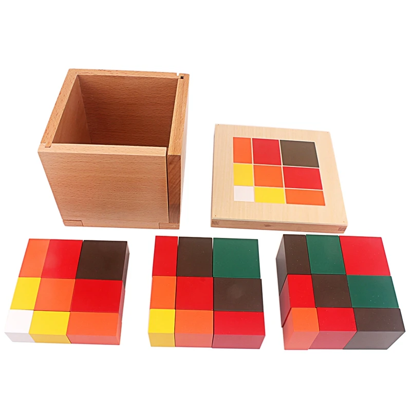 Montessori Materials Wooden Toys Colorful Trinomial Cubes Box Three Wooden Cubes Eighteen Square Based Prisms Student Teaching