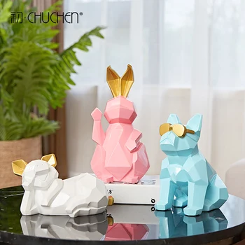 

Creative Geometry Cute Bulldog Resin Miniatures Nordic Art Modern Minimalist Figurines Bedroom Decoration Accessories L