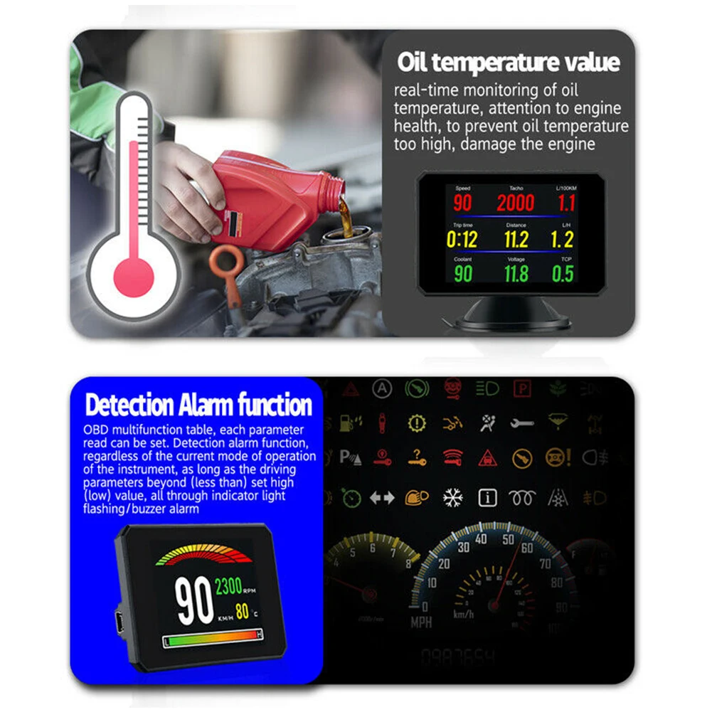 P16 с держателем, умные цифровые часы, система оборотов, одометр, OBD2 метр, универсальный дисплей, сигнализация скорости, Автомобильный многофункциональный