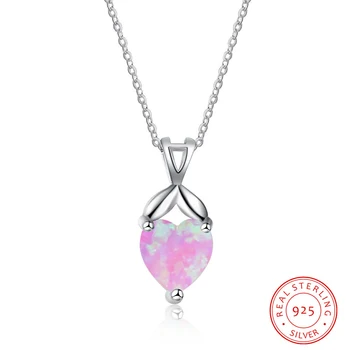 

Created Pink Opal Stone Necklace 925 Sterling Silver Cute Heart Shape Necklace for Women Statement Wedding Jewelry Girl Gifts