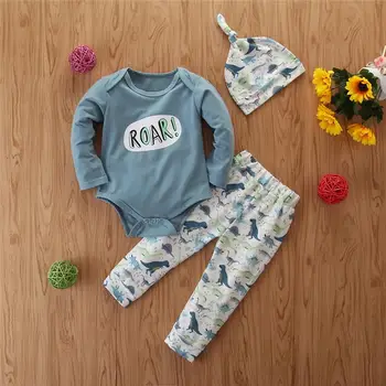

toddler boy clothes 3PCS Newborn Baby Girls Boys Letter Romper Bodysuit+Cartoon Dinosaur Pants+Hat drop shipping 2020 hot sales