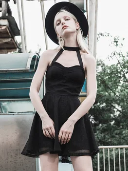 

PUNKRAVE Black Sexy Mesh Off-the-shoulder Small Hanging Neck Dress Female Summer Net Yarn Fight To Receive Waist Was Thin