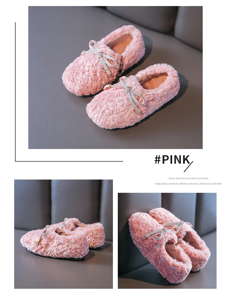 Bakkotie Winter Girls Fashion Dress Shoes Kids New Rhinestone Bowtie Warm Soft Slip On Flats Princess Pink Sweet Fur Shoes