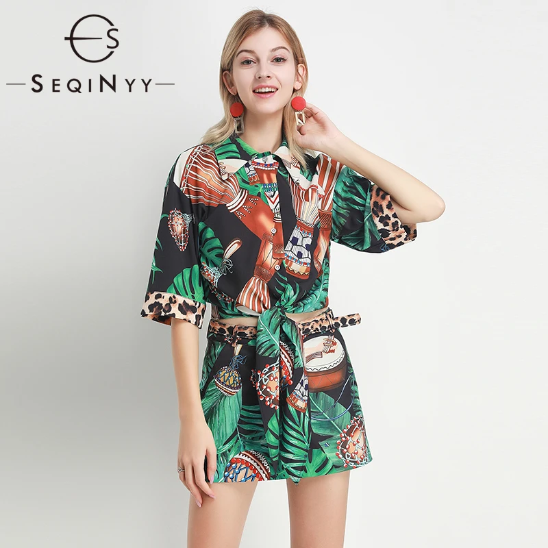 SEQINYY, пляжный костюм,, лето, весна, модный дизайн, женская рубашка с коротким рукавом+ шорты, Цветочный зеленый принт, повседневный комплект