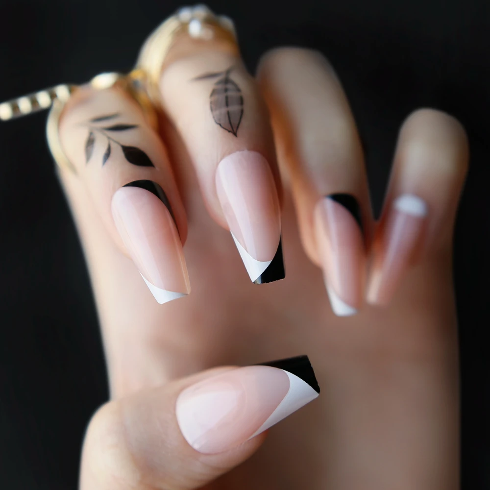 Coffin Nude French Black Outline White Fake Nails Ballet Art Nails Classic Arc French Design False Nails 24pcs False Nails Aliexpress