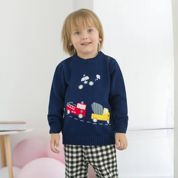 

Baby Boys Embroidery Knitted Sweater Pure Cotton Children Clothes Boys Cartoon Car Pullovers for Christmas 1-6 Years Boys Top