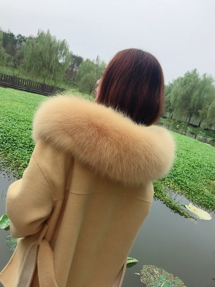 Women Wool Blend Coat fox Fur Collar Hooded jacket fashion new real fur coat long streetwear thick warm parka