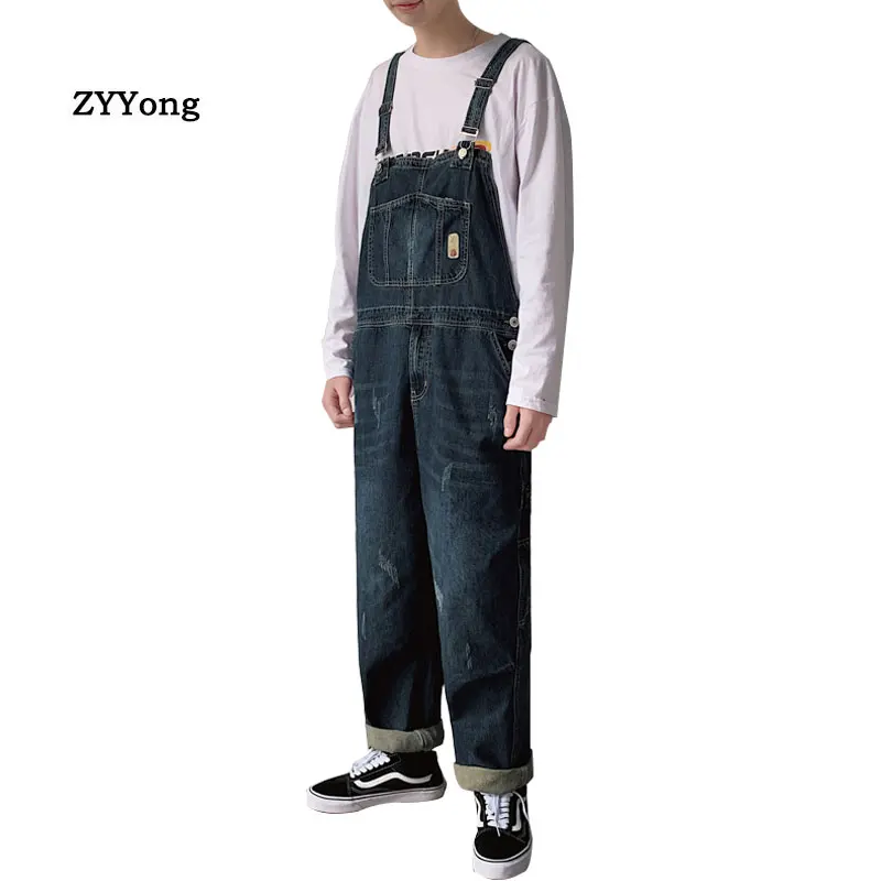 

High Quality Men's Loose Jeans Jumpsuits Hi Street Distressed Denim Bib Overalls For Man Suspender Pants Size XXL Denim Pants