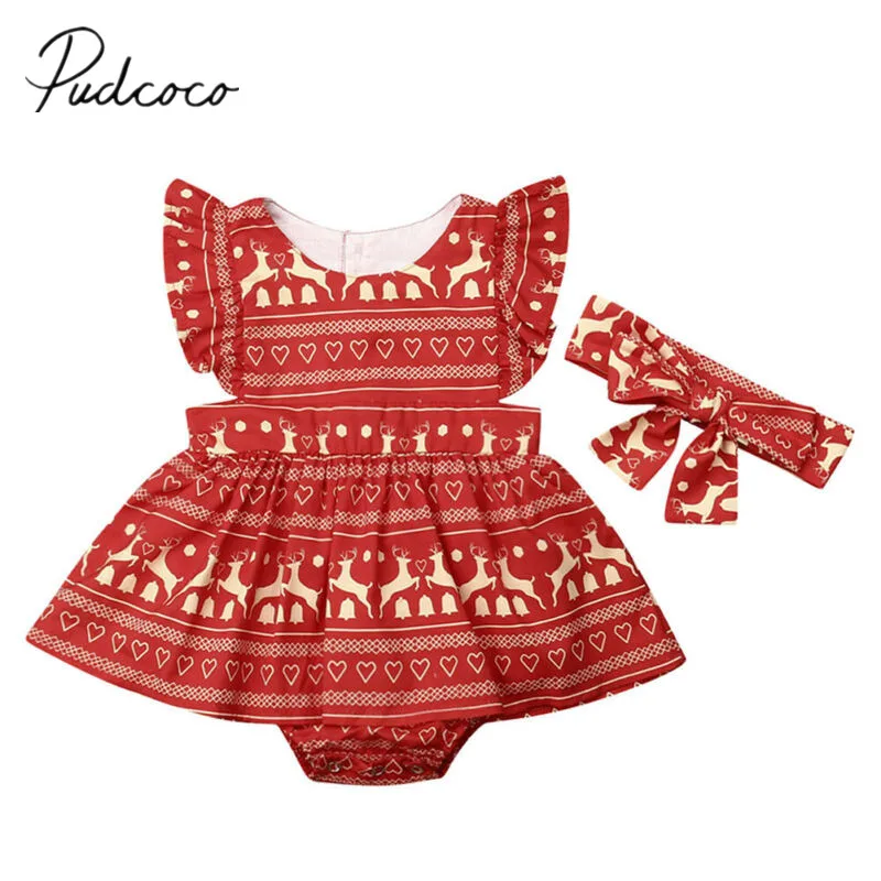 

2019 Baby Summer Clothing 2Pcs Christmas Newborn Toddler Baby Girl Sleeveless Bodysuit Headband 2Pcs Set Deer Elk Outfit Clothes