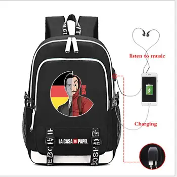 

Paper House Capacity backpack students USB Charge Mochilas La Casa De Papel travel School Bag Casual Laptop bagpack