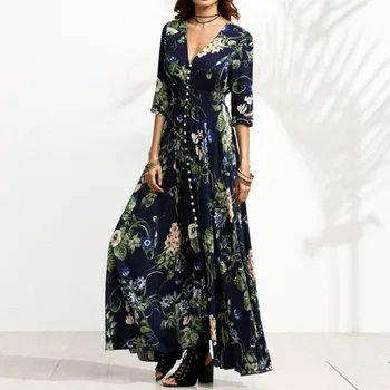 

Free Shipping2019 Long Sleeve Maxi Dress Women Deep V Neck Party Dress Lace-up Sexy Ladies Boho Beach Long Dresses Plus Size