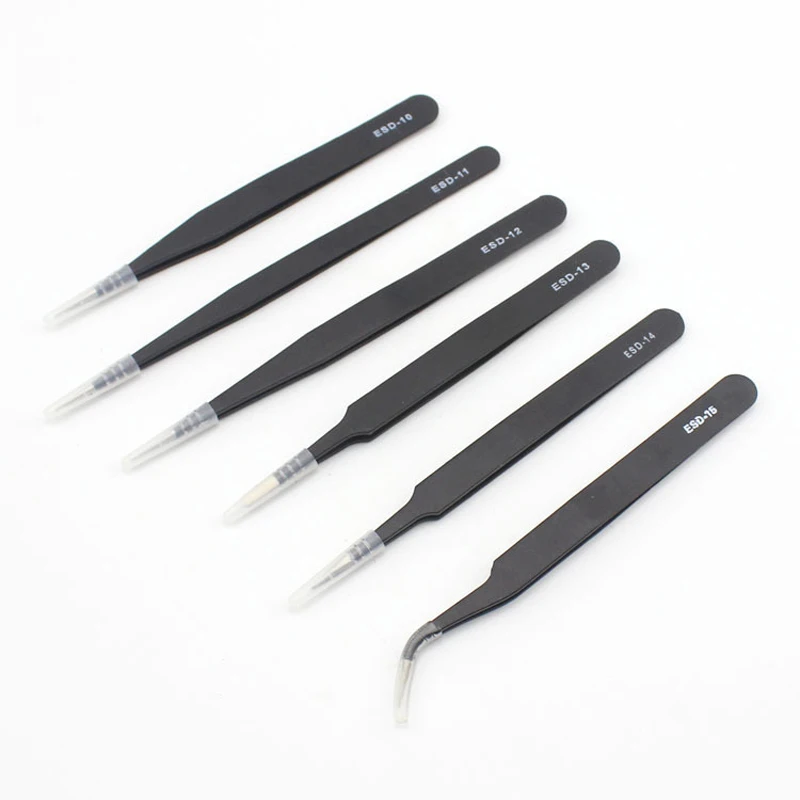 Anti-static ESD Stainless Steel Tweezers 1/6 PCS Maintenance Tools Industrial Precision Curved Straight Tweezers Repair Tools