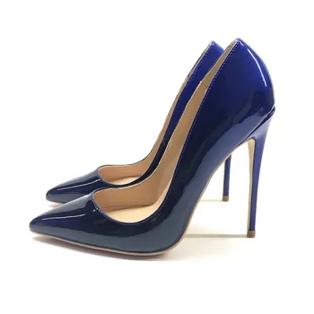 

Blue and black color matching gradient patent leather high heels stiletto all-match pointed shallow mouth single heel sexy 12cm