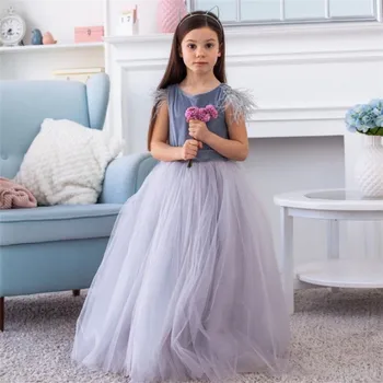 

Custom Baby Girl Dresses feather Grey Puffy Tulle Birthday Gowns Tulle Backless Kids Cloth Pageant Party Gown