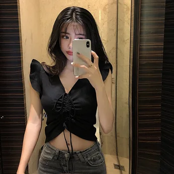 

Knited T-shirts Drawstring V-neck Ruffles Sleeves T-Shirts Sexy Fashion Casual Lady One Size Tees Cotton