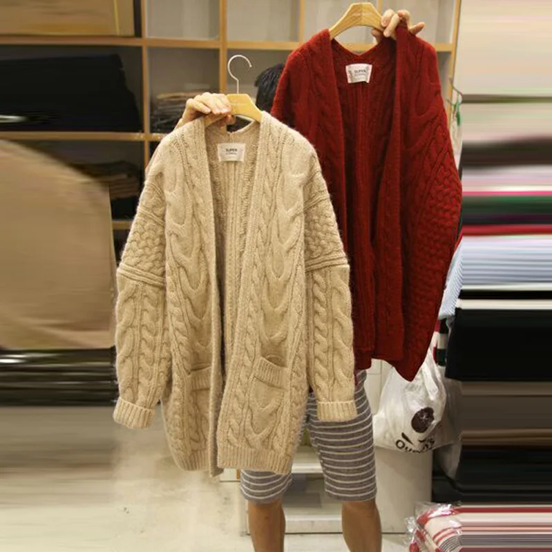

Autumn Sweater New Style Women Wear Loose Medium and Long Thick Knitted Sweater Jacket V-Neck Cardigans Sweater Women 2019