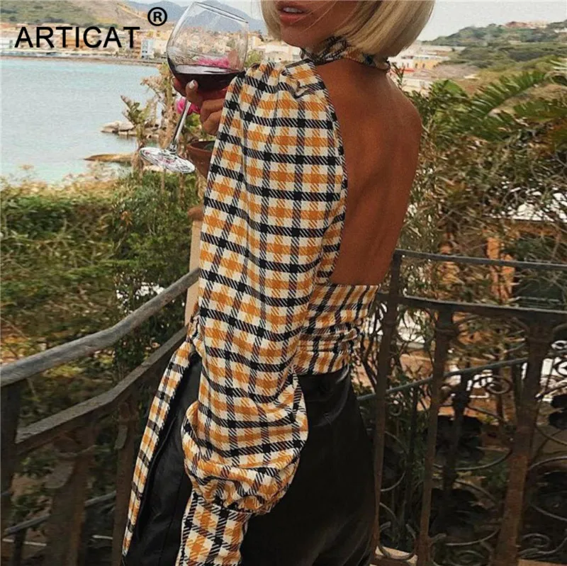 FREE SHIPPING Women Elegant Shirts Long Sleeve Backless Lace up Turtleneck Plaid Printed OC0209