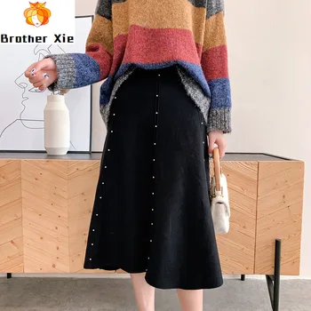 

Autumn 2020 Women High Waist Knitted Skirt Rivet Beading Stretch Vintage Women Winter A-Line Skirt Faldas Jupe Femme Saia