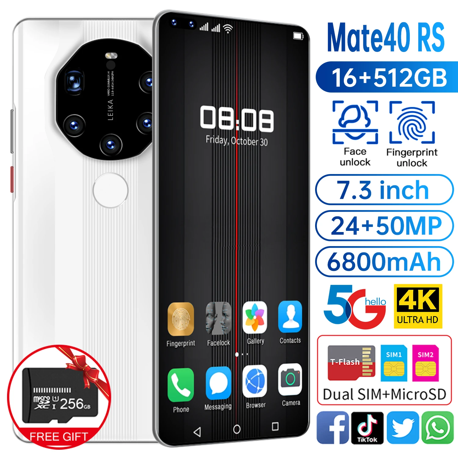 Global Version Mate40RS 7.3 Inch 16GB RAM 512GB ROM 24+50MP Andriod 10 Smartphones 10 Core MTK6889 Dual SIM 4G LTE 5G Cell Phone