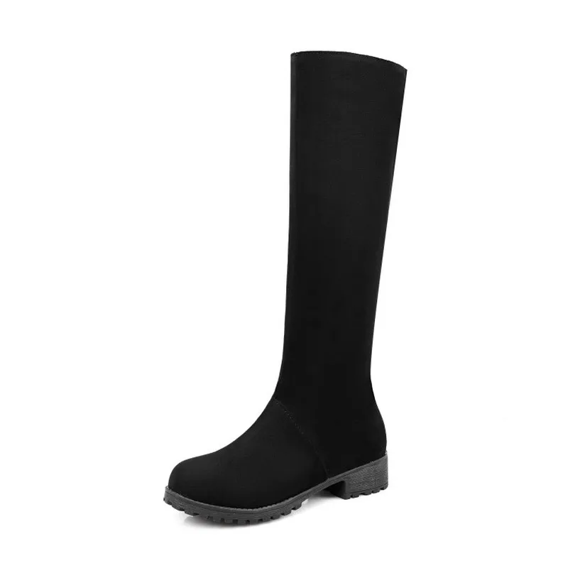 

KALENMOS Knee High Boots Women Low Heel Platform Flock Long Boots Zip Autumn Winter Shoes Women Flat Black Daily Boot Size 33-46