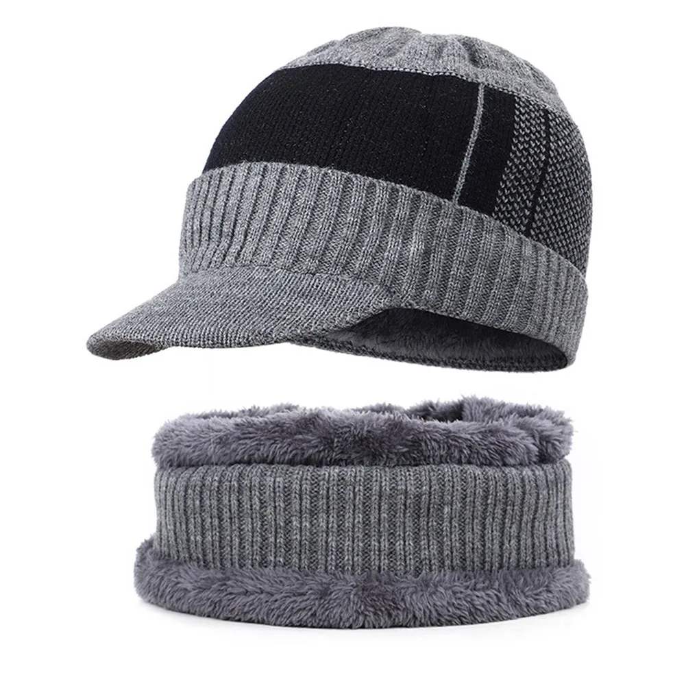 Grey hat and scarf Мужская зимняя теплая шапка, вязаная шапка с флисовой подкладкой, мягкая дышащая шапка с петлями для шарфа NOV99 - Цвет: Grey hat and scarf