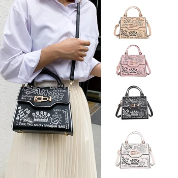 

Box Bags for Women Letters Crossbody Bags for Women Women PU Leather Handbags Hasp Girls Shoulder Bags Clutch Bags for Lady Flap