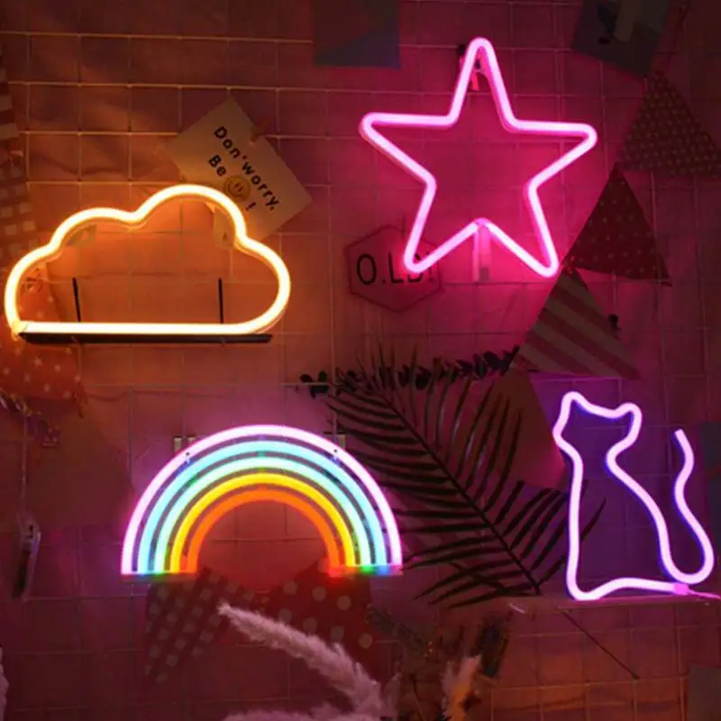 Neon Led Lights Sign Planet Flash Lightning Moon Love Shape Night Light Cloud Signs For Room Home Decor Party Wall Lamp | Лампы и