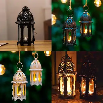 

European Moroccan Wrought Iron Glass Candle Holder Decoration Wind Table Classical Wedding Bar Creative Hanging Home Lamp P U4D0
