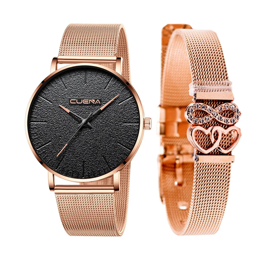 

Middle East Hot Selling Men Simple Casual Mesh Belt Quartz Watch + Diamond Set Mesh Belt Bracelet Set --- 2 Pieces
