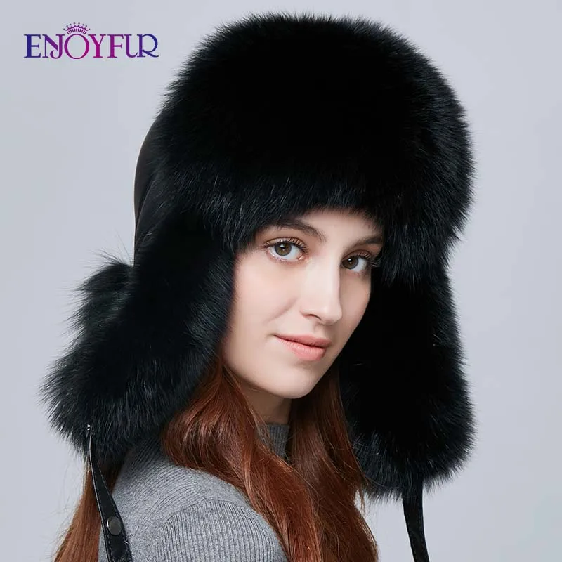 ENJOYFUR теплая женская зимняя шапка с наушниками из натурального Лисьего меха пэчворк из натуральной кожи шапки-ушанки русские шапки-бомберы ушанка