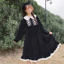 Платье в стиле Лолиты милое платье с кукольным воротником и рукавами в японском стиле; Kawaii; винтажное платье принцессы для девочек; комбинезон; черное платье