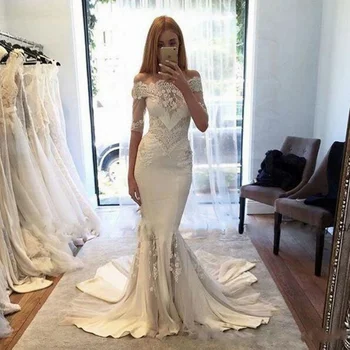 

2018 Off the Shoulder Mermaid bridal gown Lace Half Sleeve Arabic Chiffon Cheap Vestido De Noiva mother of the bride dresses