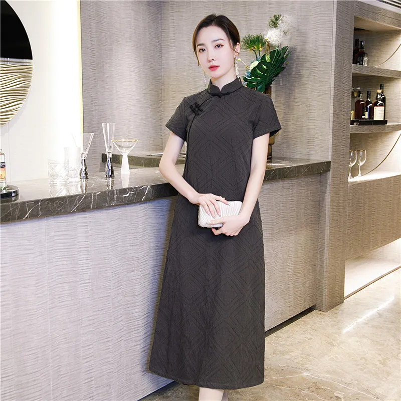 

Oversize 4XL Vestidso Elegant Mandarin Collar Cotton Linen Long Cheongsam Classic Short Sleeve Chinese Dress Gray Sexy Qipao