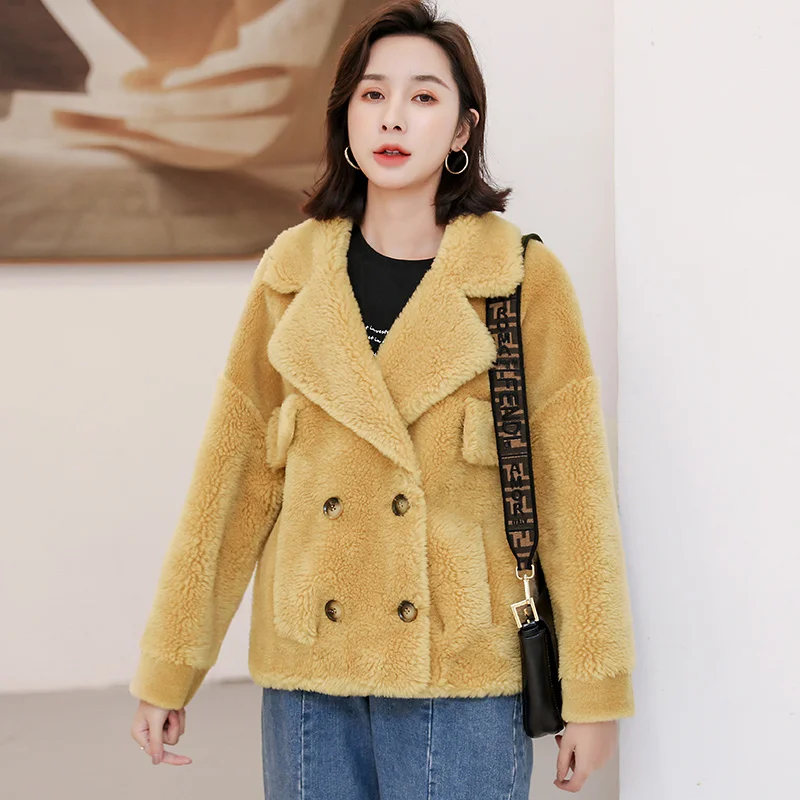 autumn winter coat female short style women's outerwear jacket coats 21% sheep wool shearing fur coat - Цвет: Цвет: желтый