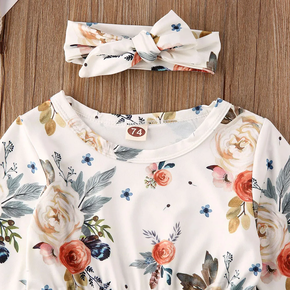 Pudcoco Autumn Newborn kids Baby Girls Flowers Print Long Sleeve Romper Bodysuit Jumpsuit Headband Outfit Clothes