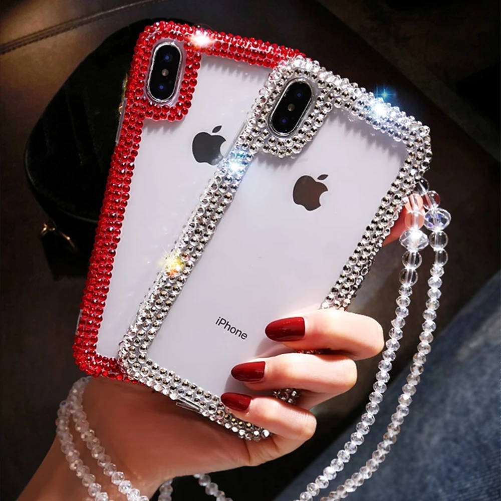 Free Crystal Wrist Strap Phone Case foriPhone X 10 Shiny Transparent RhinestonesPhone Cover |