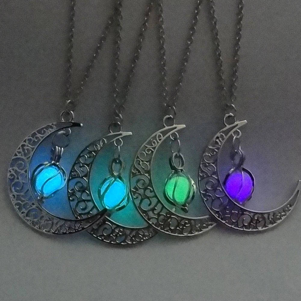 Glow In The Dark Jewelry Moon Shaped Pendant Chain Necklace Women Gifts 