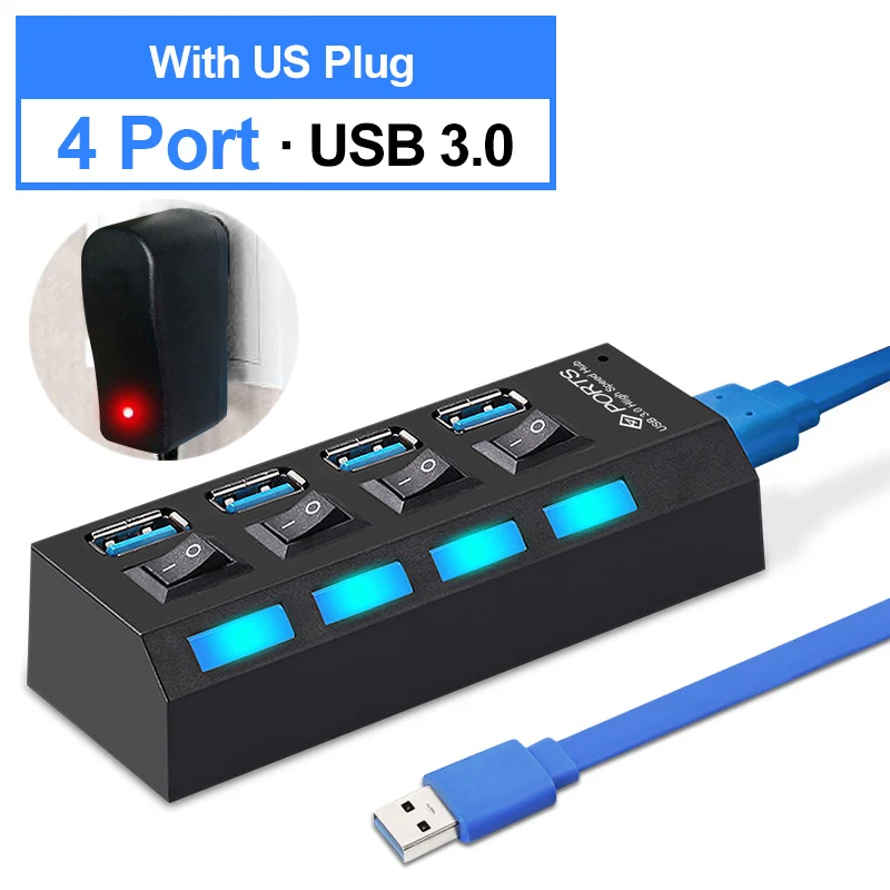 USB 3,0 концентратор мульти usb-хаб 7 портов OTG концентратор зарядка с адаптером питания светодиодный USB мульти порты разветвитель для компьютера PC удлинитель 3,0 2,0 - Цвет: 3.0 4 Port With US