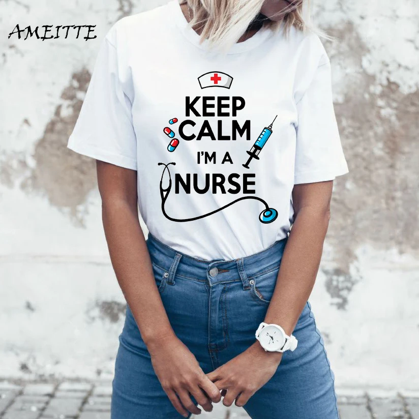 AMEITTE Новая Летняя женская футболка с коротким рукавом Keep Calm I'm A медсестра принт
