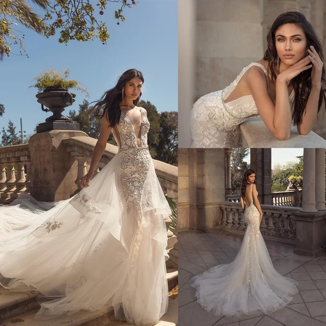 2020 New Mermaid Wedding Dress Detachable Train V Neck Appliqued Beaded Bridal  Gown Backless Ruffle Lumbar Vestidos De Novia - Wedding Dresses - AliExpress
