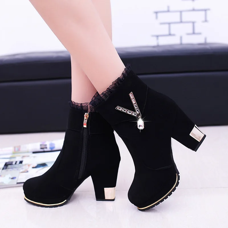 

2019 winter new high-heeled sexy women's shoes plus velvet Ankle boots coarse heel women boots rhinestone snow boots Y832