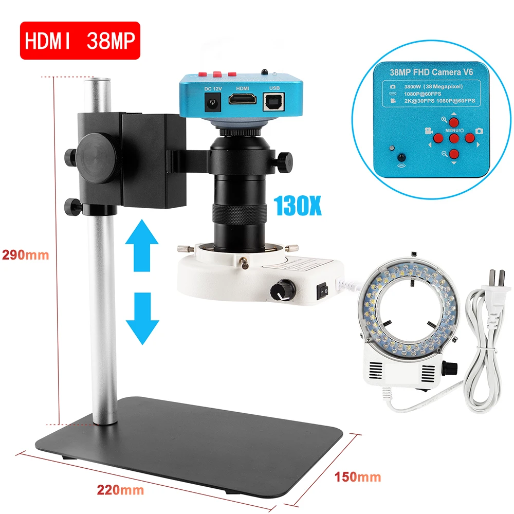 38MP VGA HDMI USB Digital Microscope For Electronics Soldering Electron Microscope 130x Lens LED Light Microscope Camera Full HD