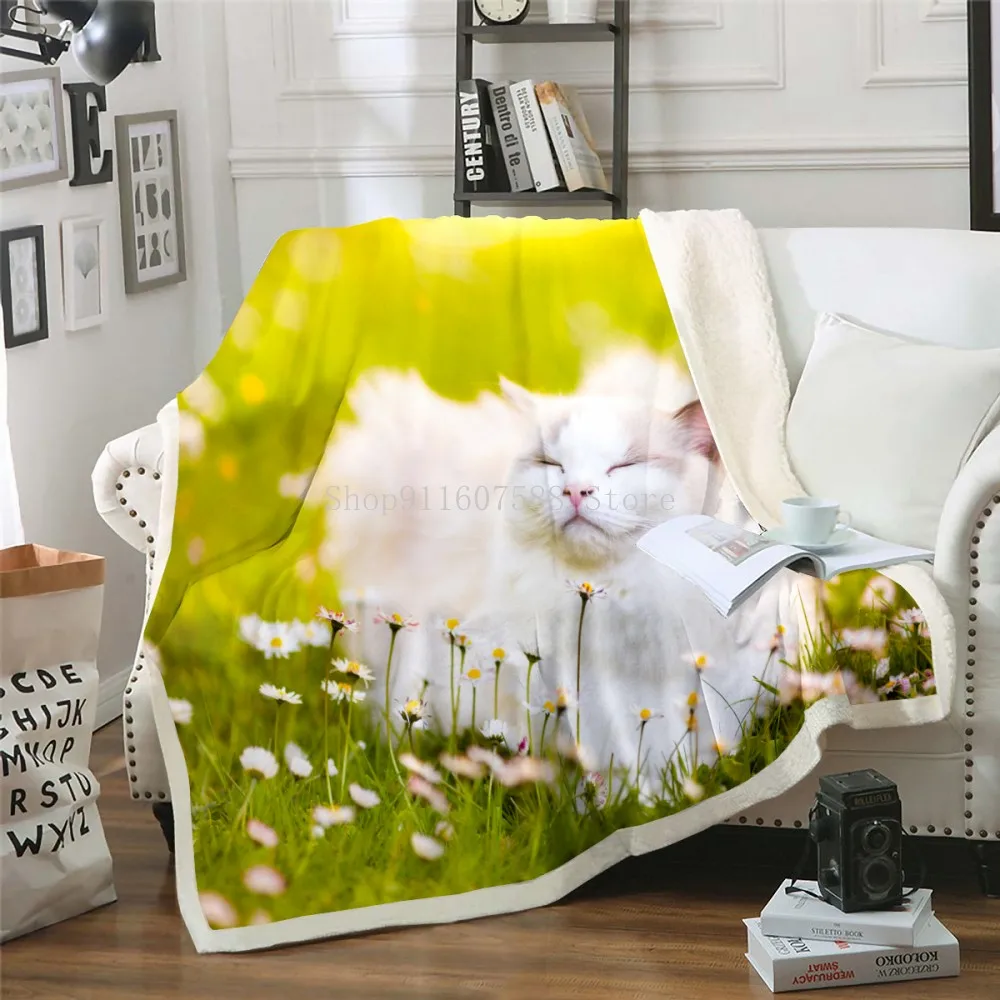 Cute Sleeping Cat 3D-printed Wool Blanket Picnic Extra Thick Fashion Sheets Cats Pet Children Kids Sherpa Throw Blankets