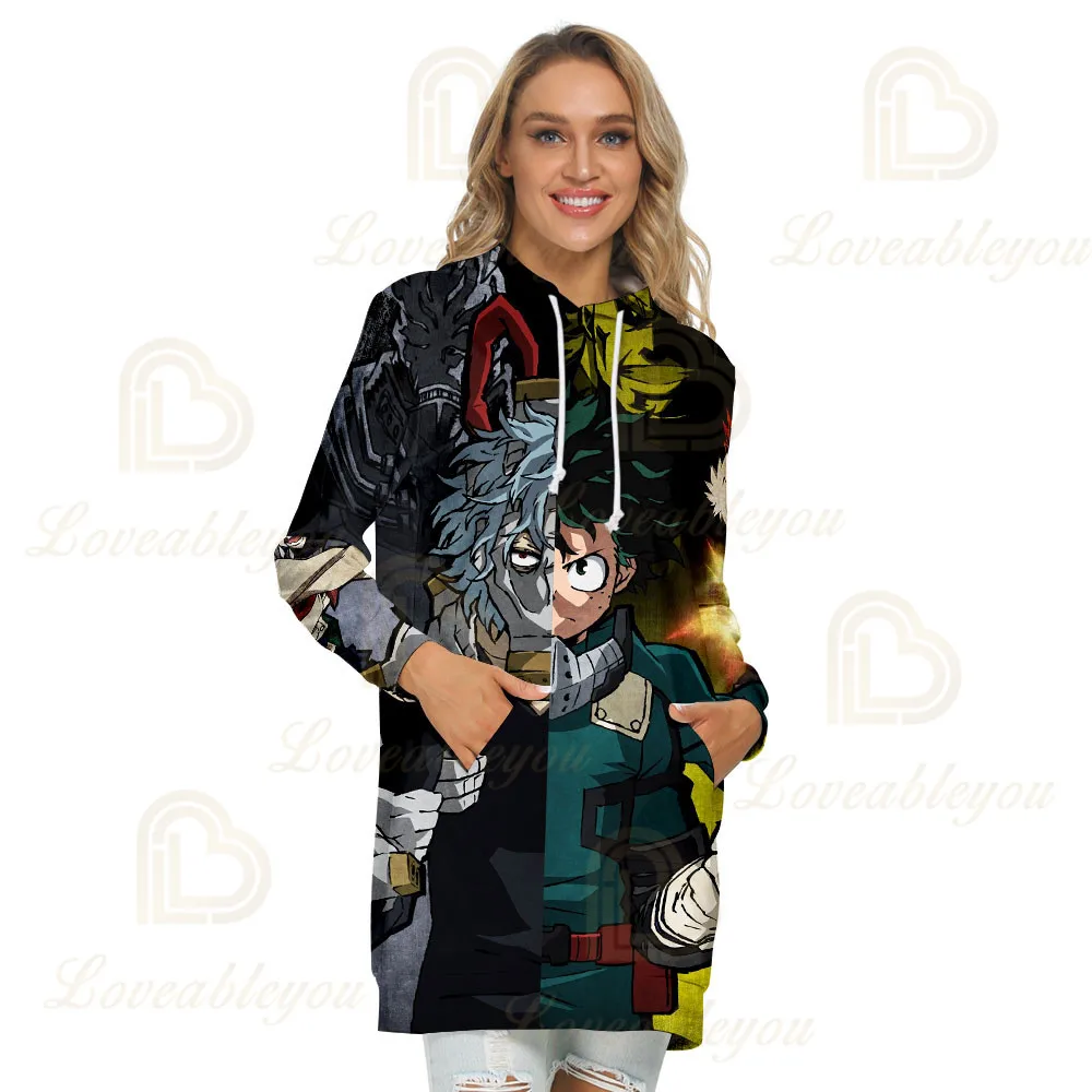 

Women Cosplay Mid-Length Hoodie Sweatshirt Pullover Anime My Hero Academia Print Long Sleeve Pockets Hoody Sudadera Mujer