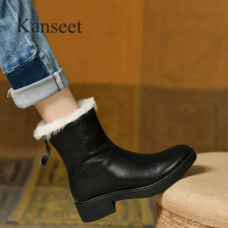 

Kanseet Genuine Leather Ankle Boots For Women Round Toe Platform Warm Fur Winter Shoes Zipper Square Heels Ladies Short Boots 40