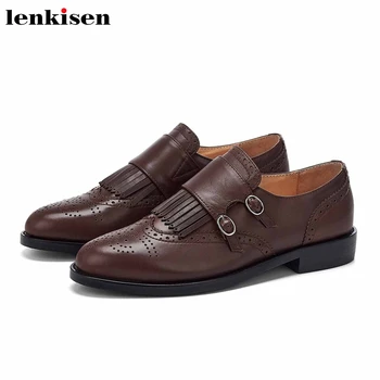 

Lenkisen vintage genuine leather brogue carved fringe buckle straps round toe low heels fashion women leisure style pumps L83