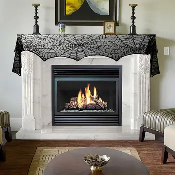 

Funny Black Lace Spider Web Fireplace Cover Halloween Party Decor